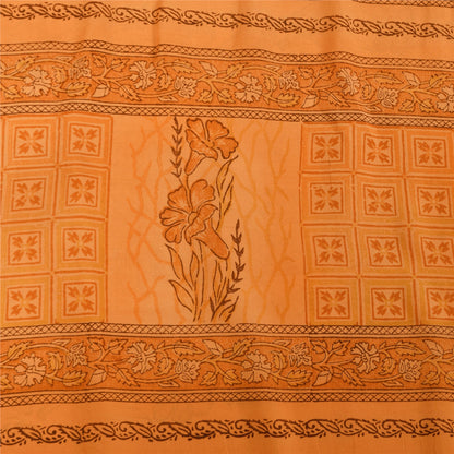 Sanskriti Vintage Saree Peach Pure Crepe Silk Floral Printed Sari 5.5+Yd Fabric