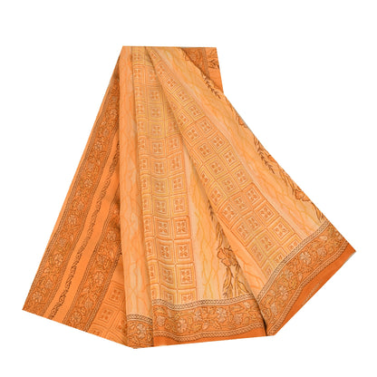 Sanskriti Vintage Saree Peach Pure Crepe Silk Floral Printed Sari 5.5+Yd Fabric