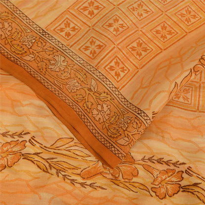 Sanskriti Vintage Saree Peach Pure Crepe Silk Floral Printed Sari 5.5+Yd Fabric