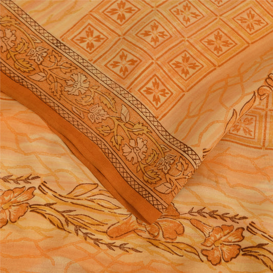 Sanskriti Vintage Saree Peach Pure Crepe Silk Floral Printed Sari 5.5+Yd Fabric