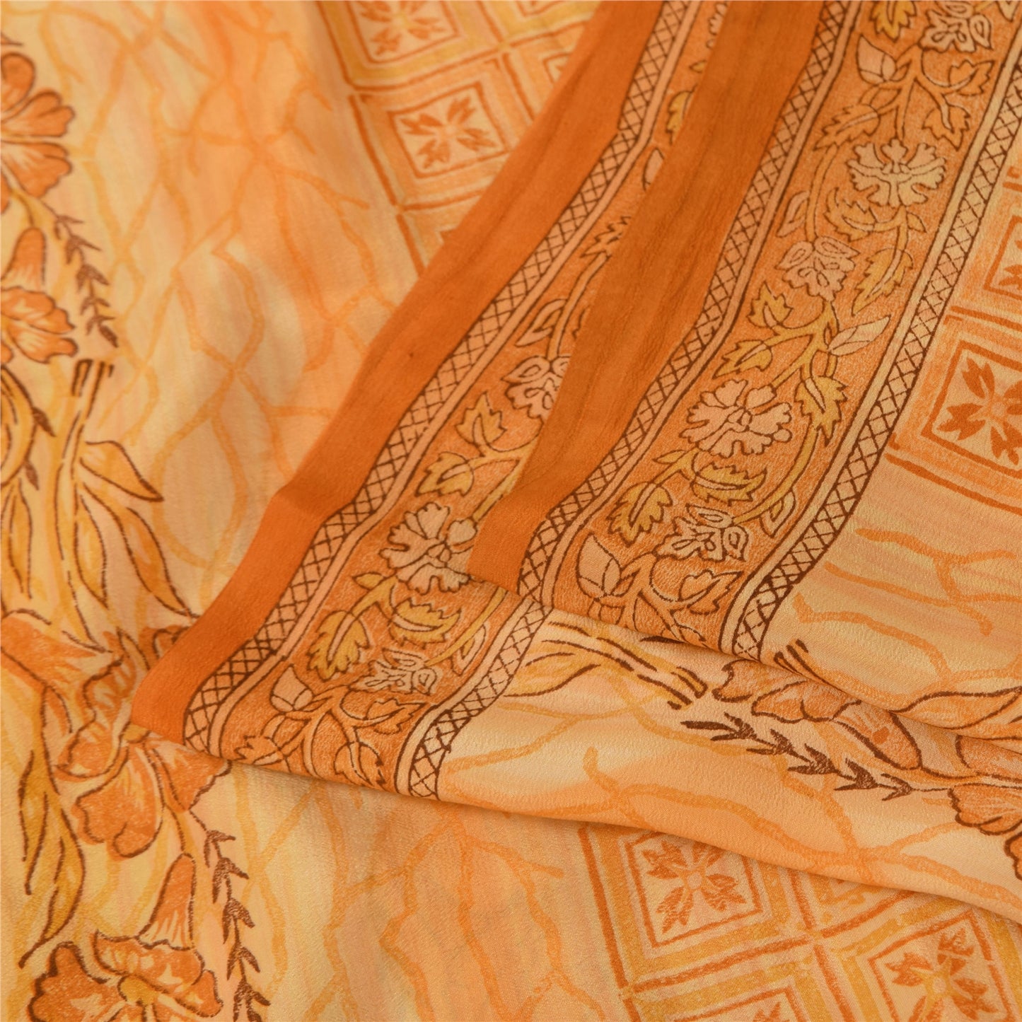 Sanskriti Vintage Saree Peach Pure Crepe Silk Floral Printed Sari 5.5+Yd Fabric
