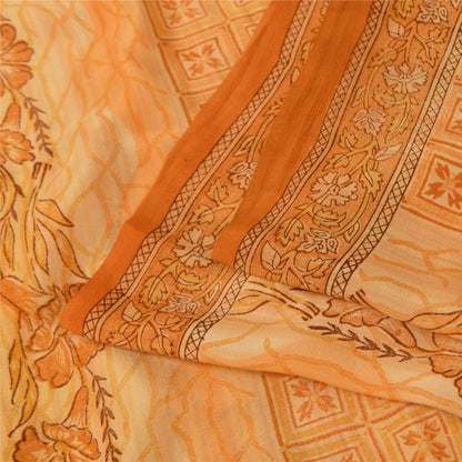 Sanskriti Vintage Saree Peach Pure Crepe Silk Floral Printed Sari 5.5+Yd Fabric