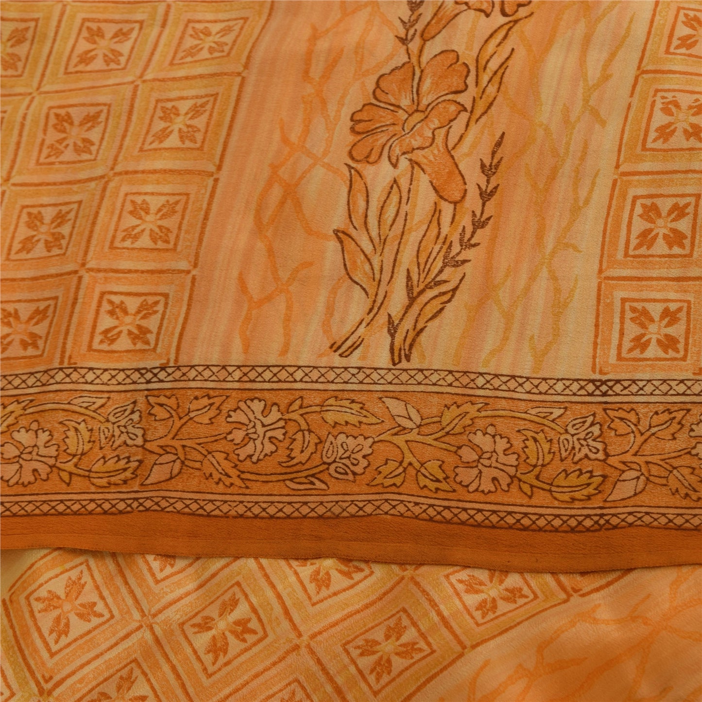 Sanskriti Vintage Saree Peach Pure Crepe Silk Floral Printed Sari 5.5+Yd Fabric