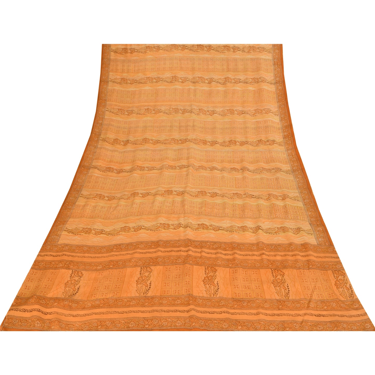 Sanskriti Vintage Saree Peach Pure Crepe Silk Floral Printed Sari 5.5+Yd Fabric