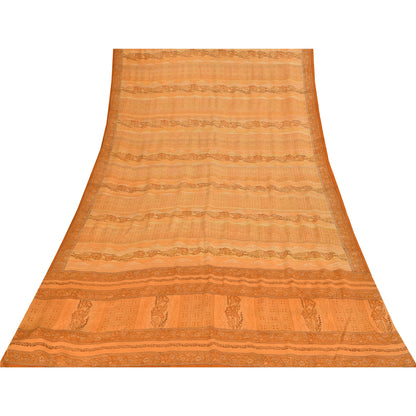 Sanskriti Vintage Saree Peach Pure Crepe Silk Floral Printed Sari 5.5+Yd Fabric