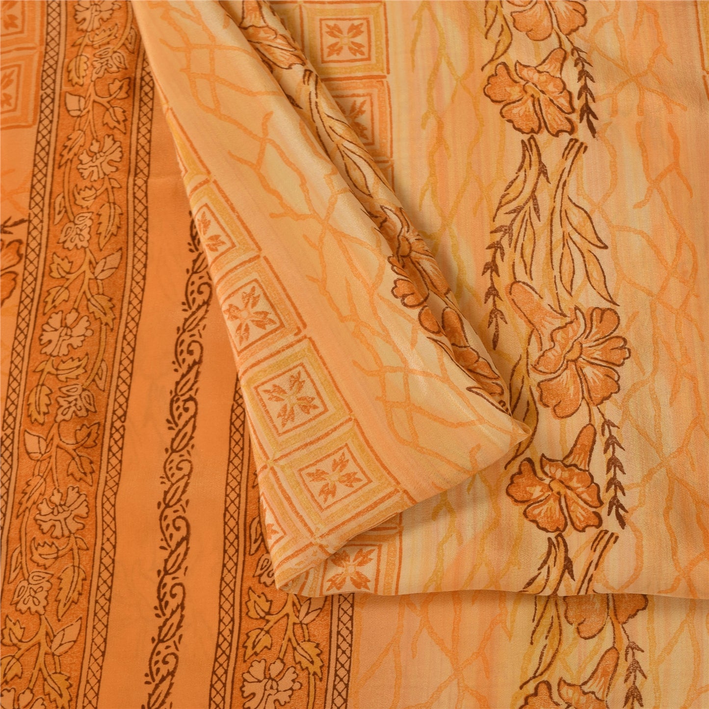 Sanskriti Vintage Saree Peach Pure Crepe Silk Floral Printed Sari 5.5+Yd Fabric