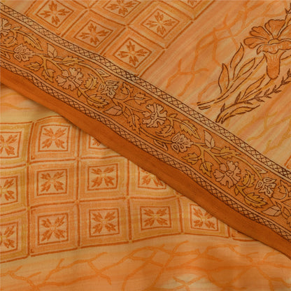 Sanskriti Vintage Saree Peach Pure Crepe Silk Floral Printed Sari 5.5+Yd Fabric