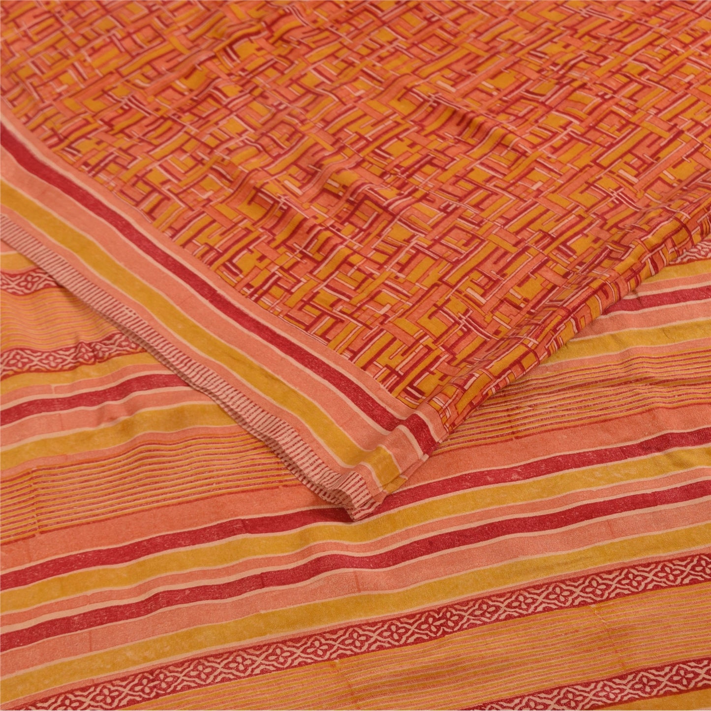 Sanskriti Vintage Orange Indian Sarees Pure Crepe Silk Fabric Printed Sari Craft