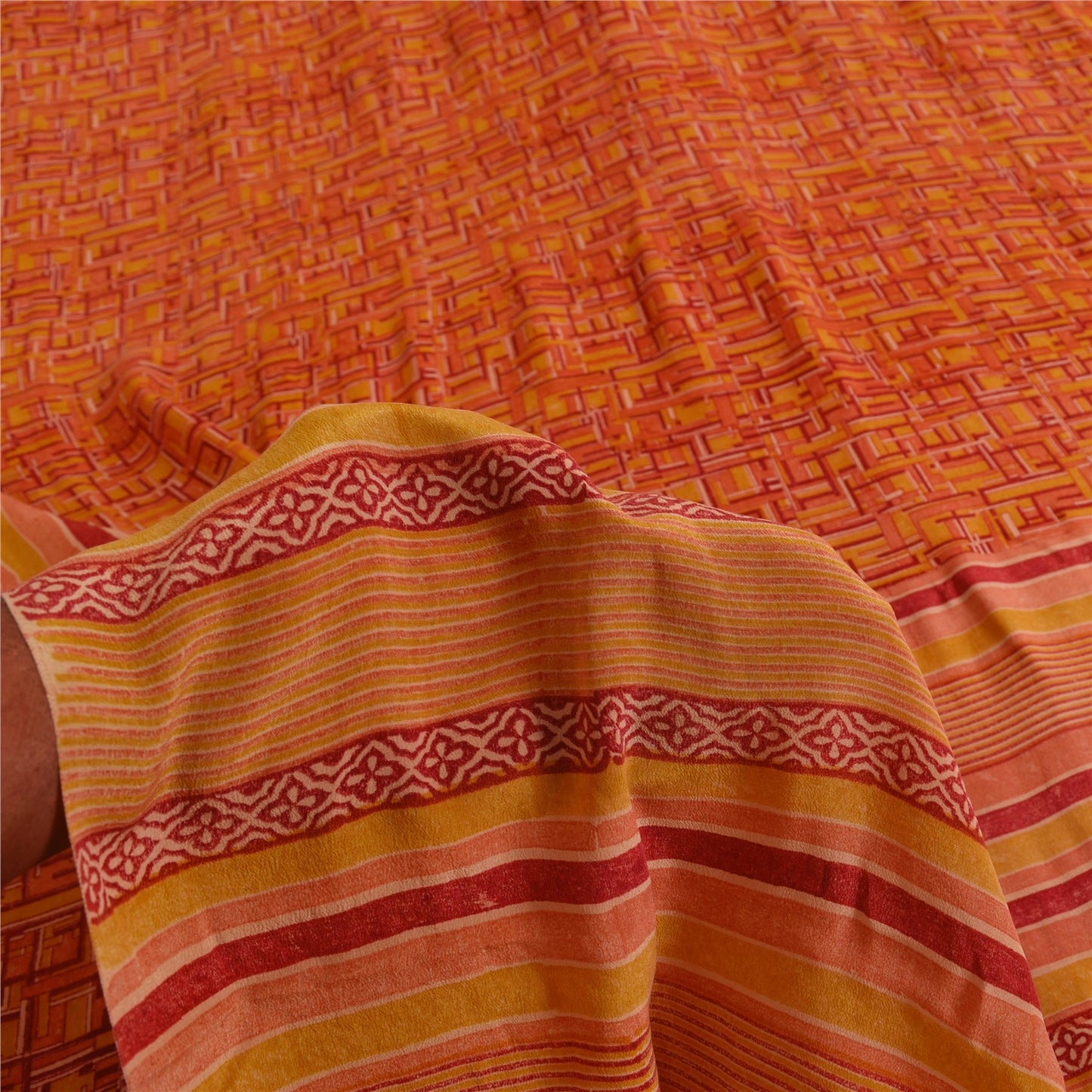 Sanskriti Vintage Orange Indian Sarees Pure Crepe Silk Fabric Printed Sari Craft
