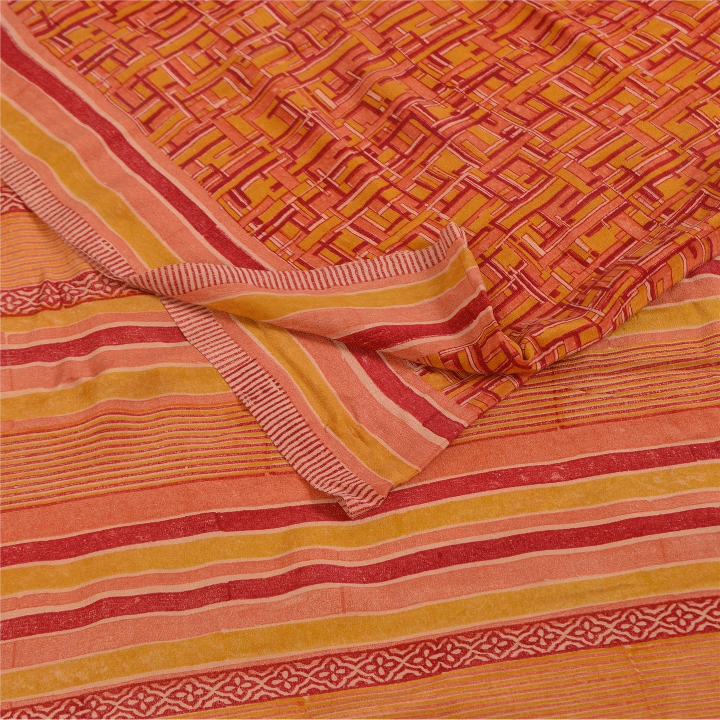 Sanskriti Vintage Orange Indian Sarees Pure Crepe Silk Fabric Printed Sari Craft