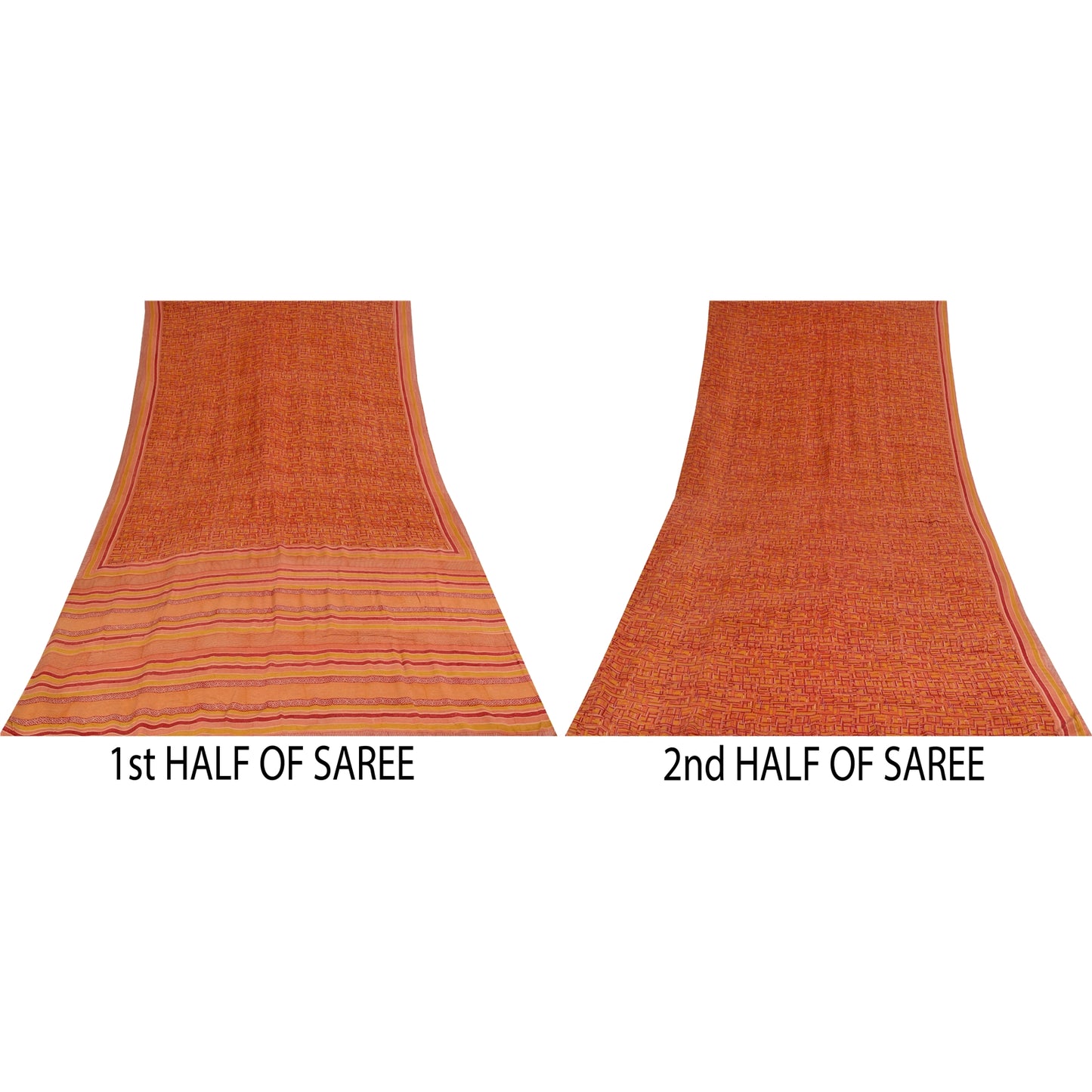 Sanskriti Vintage Orange Indian Sarees Pure Crepe Silk Fabric Printed Sari Craft