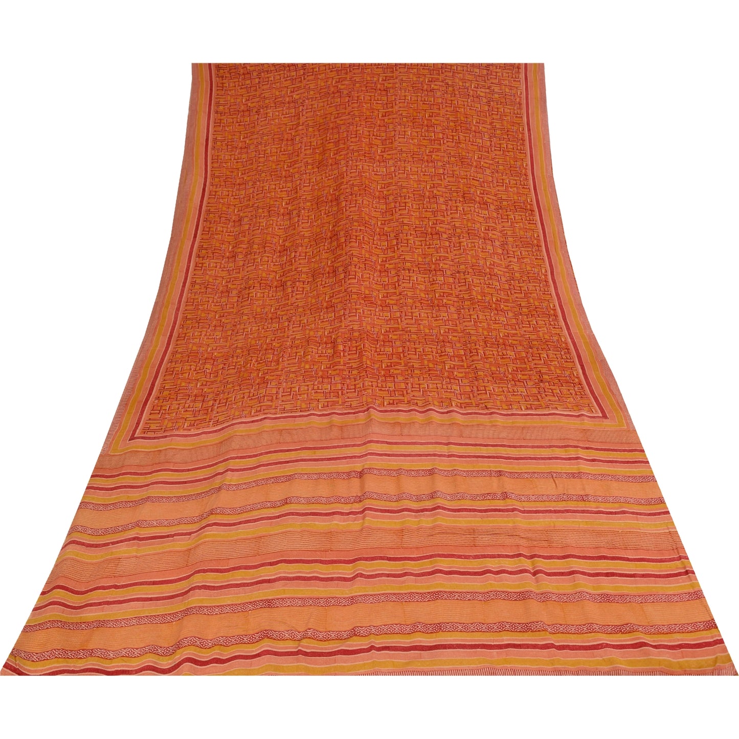 Sanskriti Vintage Orange Indian Sarees Pure Crepe Silk Fabric Printed Sari Craft