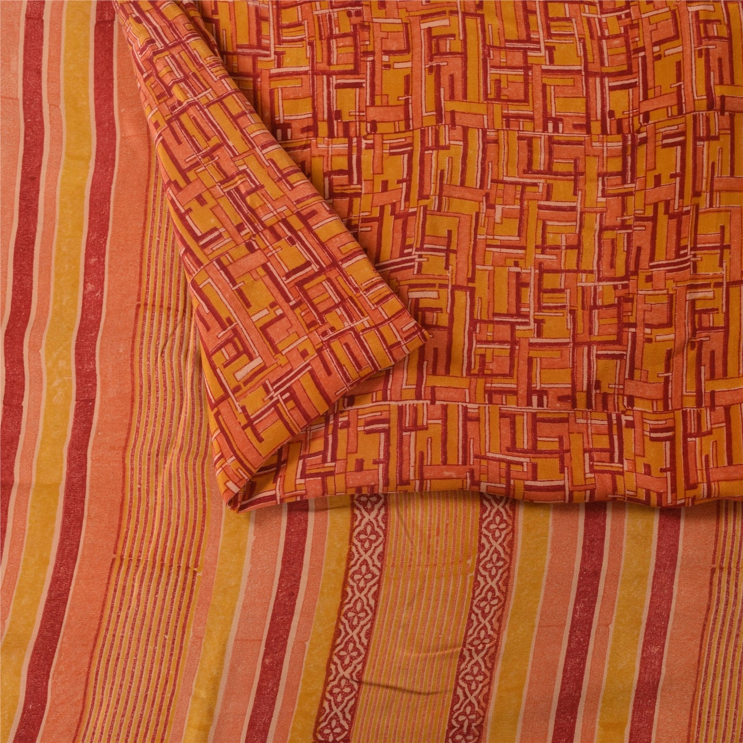 Sanskriti Vintage Orange Indian Sarees Pure Crepe Silk Fabric Printed Sari Craft