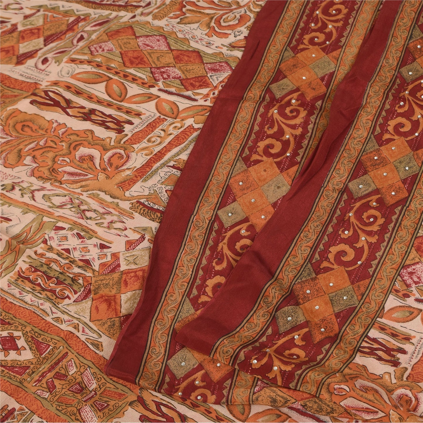Sanskriti Vintage Saree Cream 100%Pure Crepe Silk Floral Printed Sari 5Yd Fabric