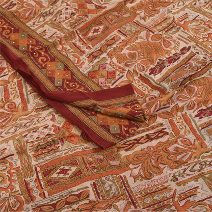 Sanskriti Vintage Saree Cream 100%Pure Crepe Silk Floral Printed Sari 5Yd Fabric