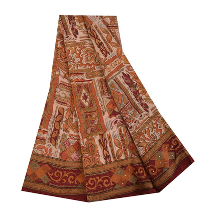 Sanskriti Vintage Saree Cream 100%Pure Crepe Silk Floral Printed Sari 5Yd Fabric