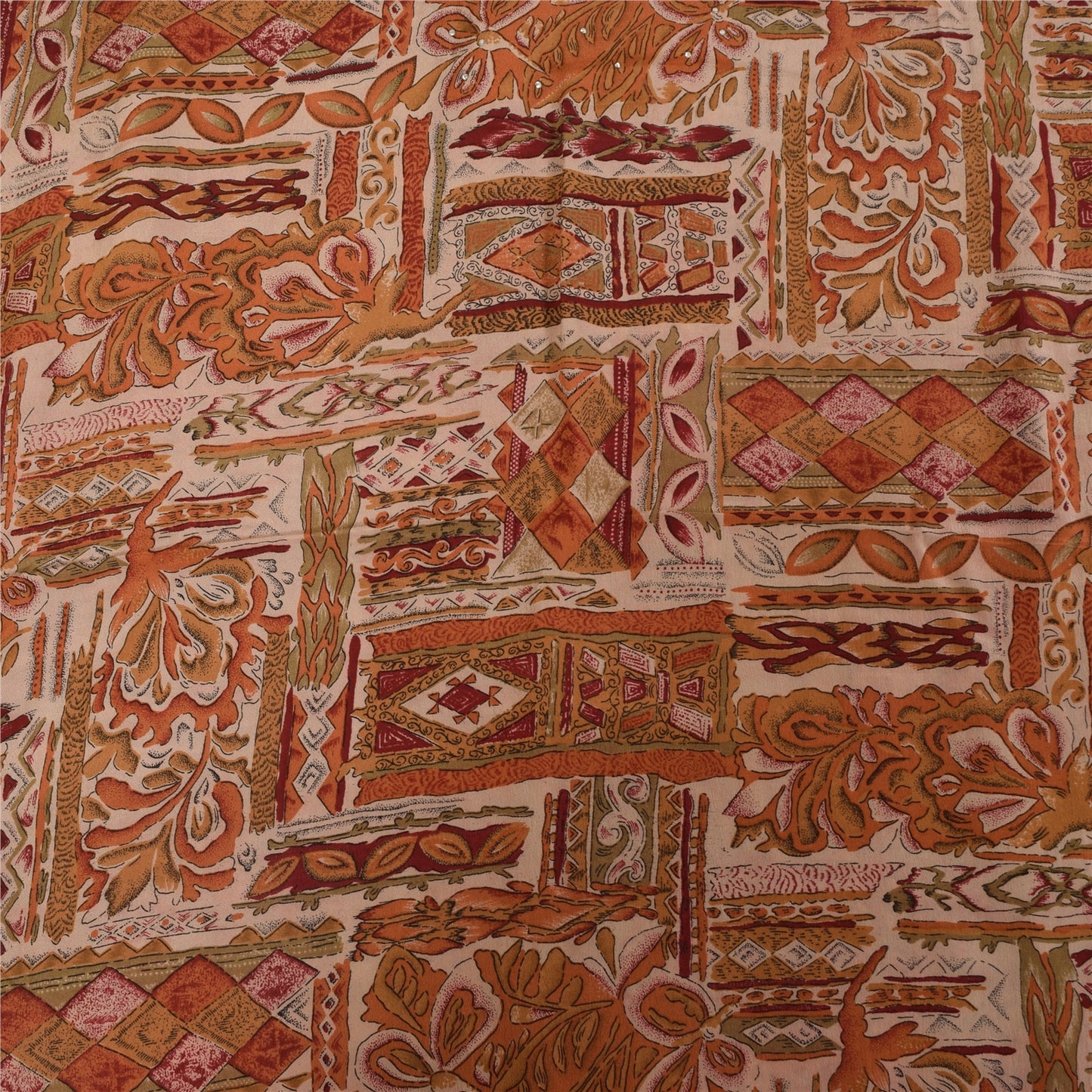 Sanskriti Vintage Saree Cream 100%Pure Crepe Silk Floral Printed Sari 5Yd Fabric