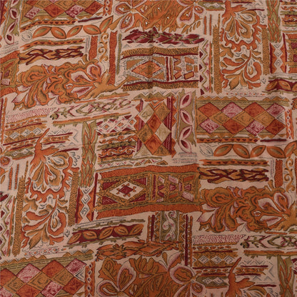 Sanskriti Vintage Saree Cream 100%Pure Crepe Silk Floral Printed Sari 5Yd Fabric