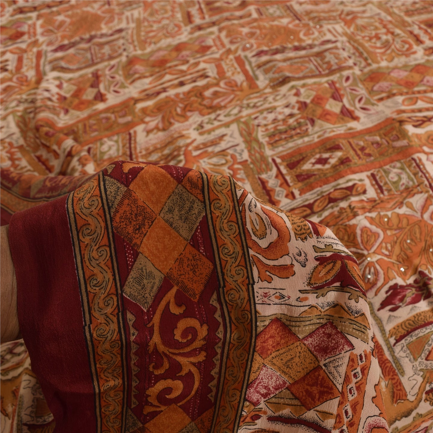 Sanskriti Vintage Saree Cream 100%Pure Crepe Silk Floral Printed Sari 5Yd Fabric