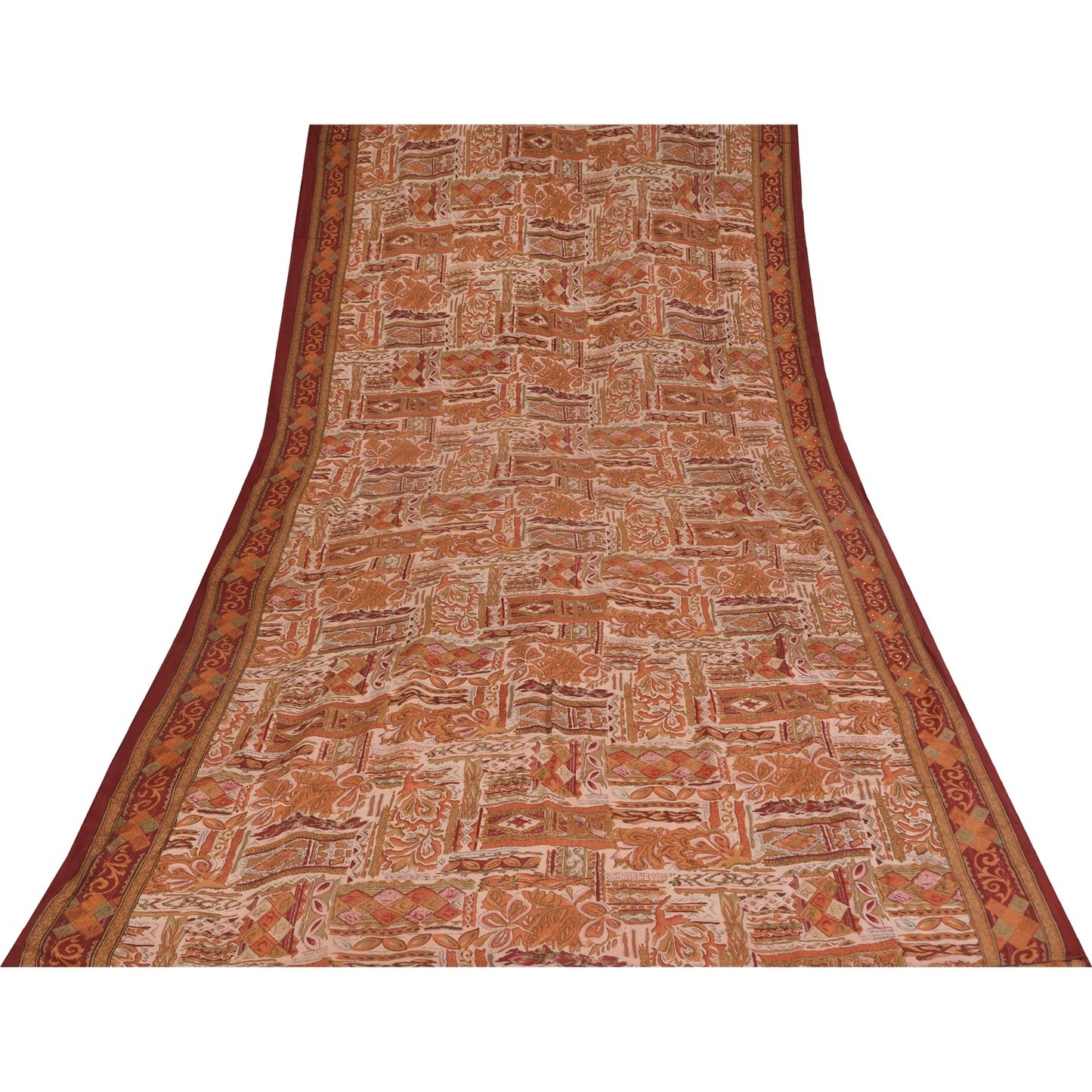 Sanskriti Vintage Saree Cream 100%Pure Crepe Silk Floral Printed Sari 5Yd Fabric