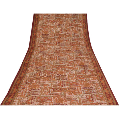 Sanskriti Vintage Saree Cream 100%Pure Crepe Silk Floral Printed Sari 5Yd Fabric