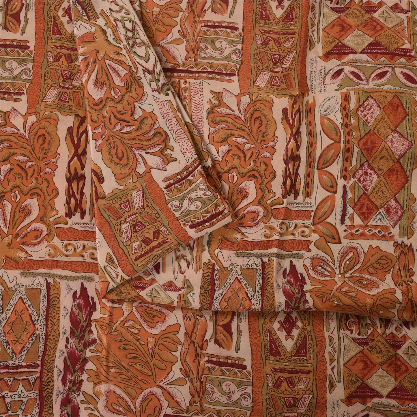 Sanskriti Vintage Saree Cream 100%Pure Crepe Silk Floral Printed Sari 5Yd Fabric