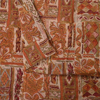 Sanskriti Vintage Saree Cream 100%Pure Crepe Silk Floral Printed Sari 5Yd Fabric