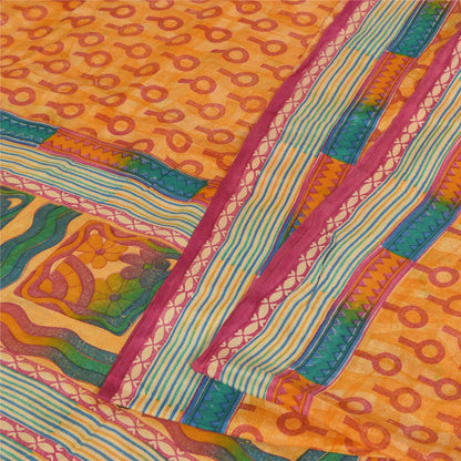 Sanskriti Vintage Saree Yellow Pure Crepe Silk Abstract Printed Sari 6Yd Fabric