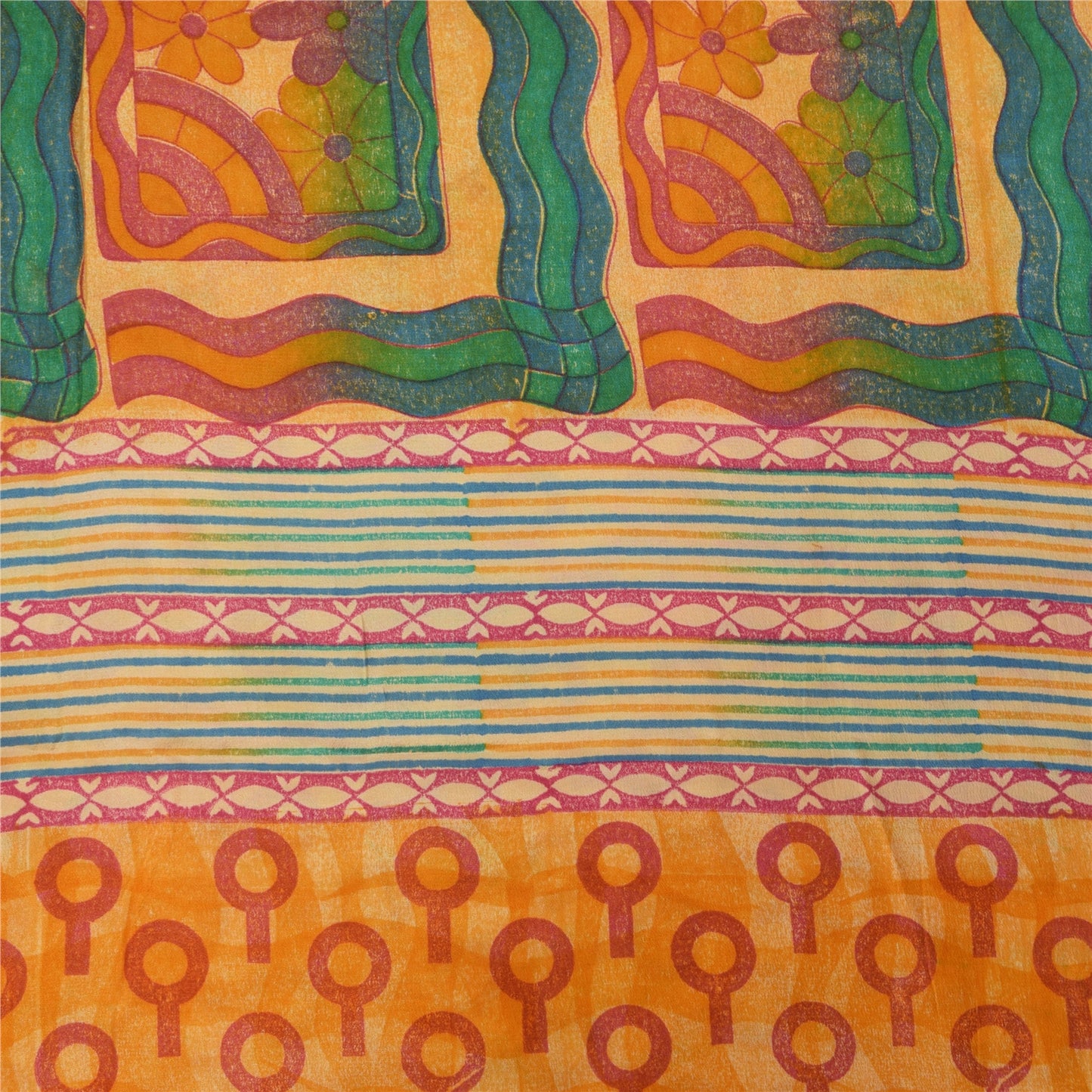Sanskriti Vintage Saree Yellow Pure Crepe Silk Abstract Printed Sari 6Yd Fabric