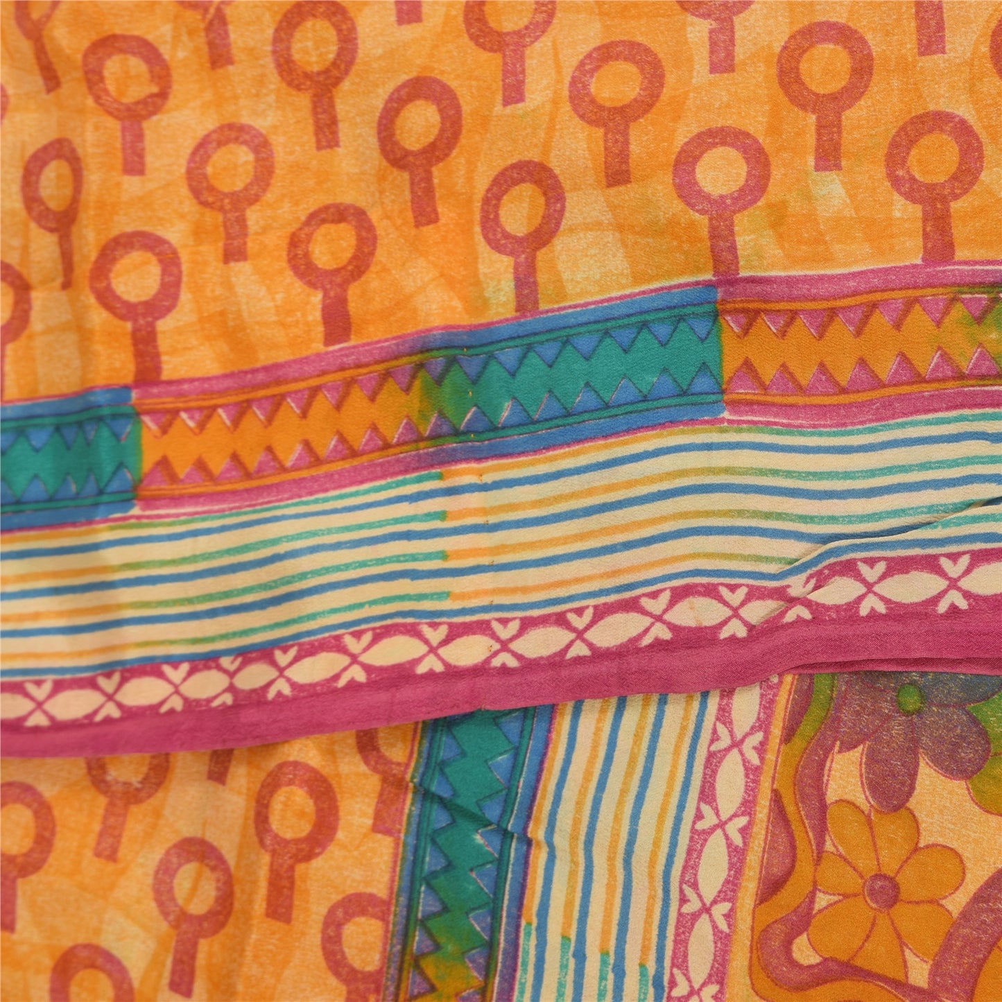 Sanskriti Vintage Saree Yellow Pure Crepe Silk Abstract Printed Sari 6Yd Fabric