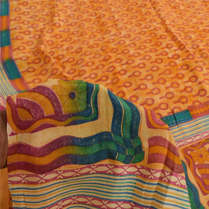Sanskriti Vintage Saree Yellow Pure Crepe Silk Abstract Printed Sari 6Yd Fabric