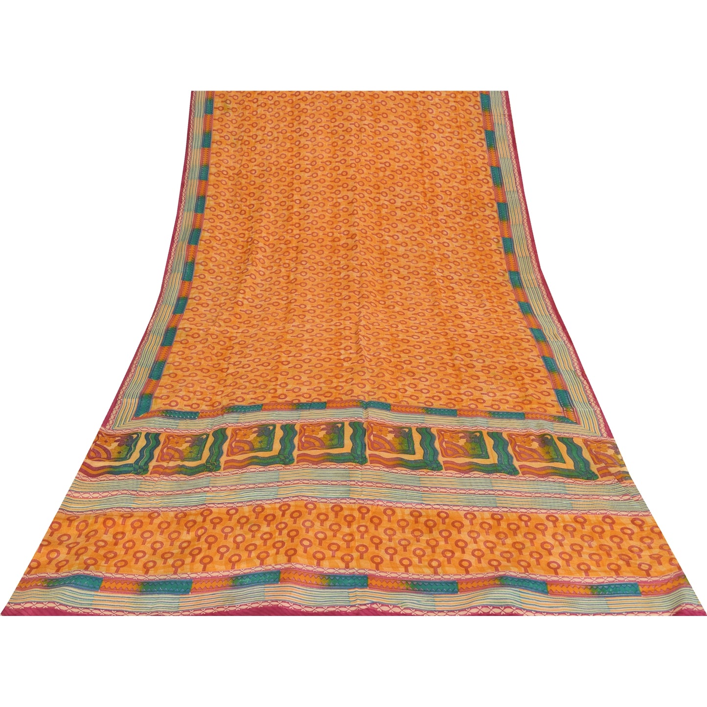 Sanskriti Vintage Saree Yellow Pure Crepe Silk Abstract Printed Sari 6Yd Fabric
