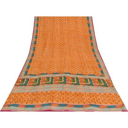Sanskriti Vintage Saree Yellow Pure Crepe Silk Abstract Printed Sari 6Yd Fabric