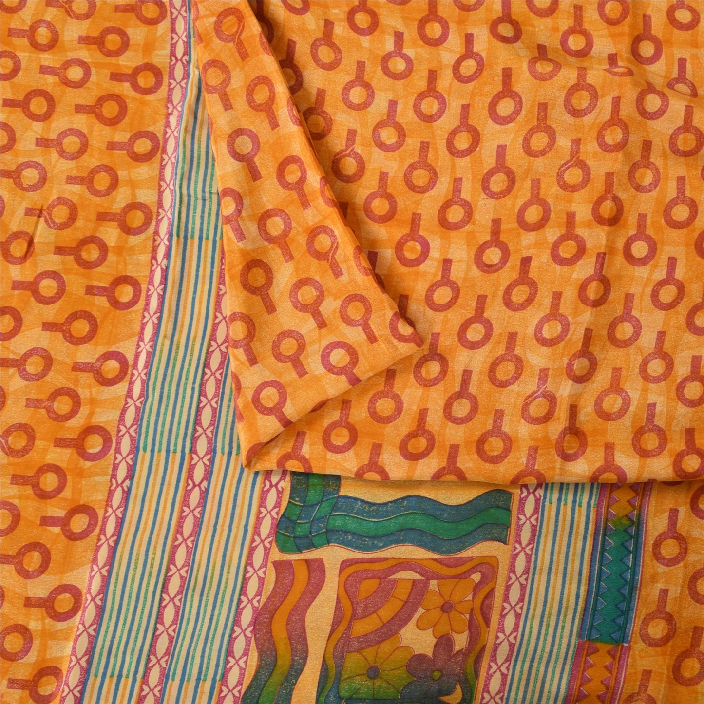 Sanskriti Vintage Saree Yellow Pure Crepe Silk Abstract Printed Sari 6Yd Fabric