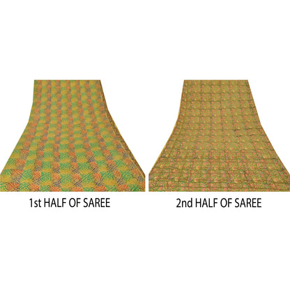 Sanskriti Vintage Green Saree 100% Pure Crepe Silk Fabric Printed Sari Craft