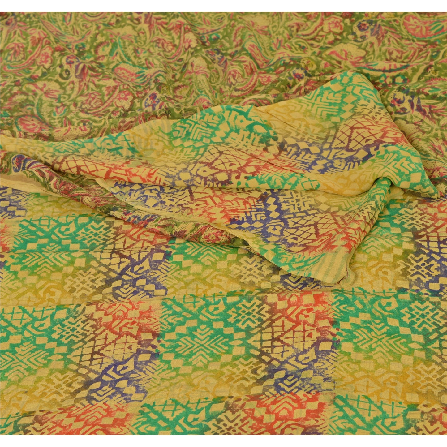 Sanskriti Vintage Green Saree 100% Pure Crepe Silk Fabric Printed Sari Craft