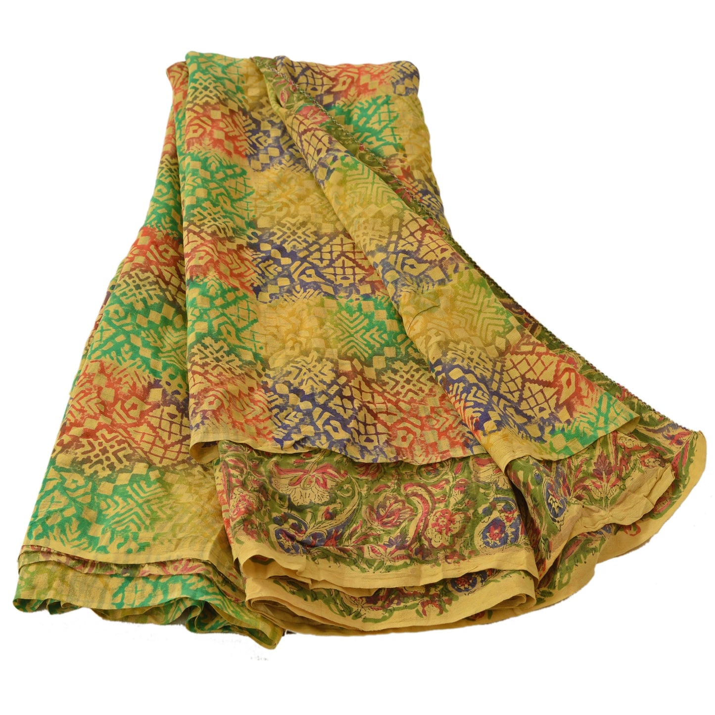 Sanskriti Vintage Green Saree 100% Pure Crepe Silk Fabric Printed Sari Craft