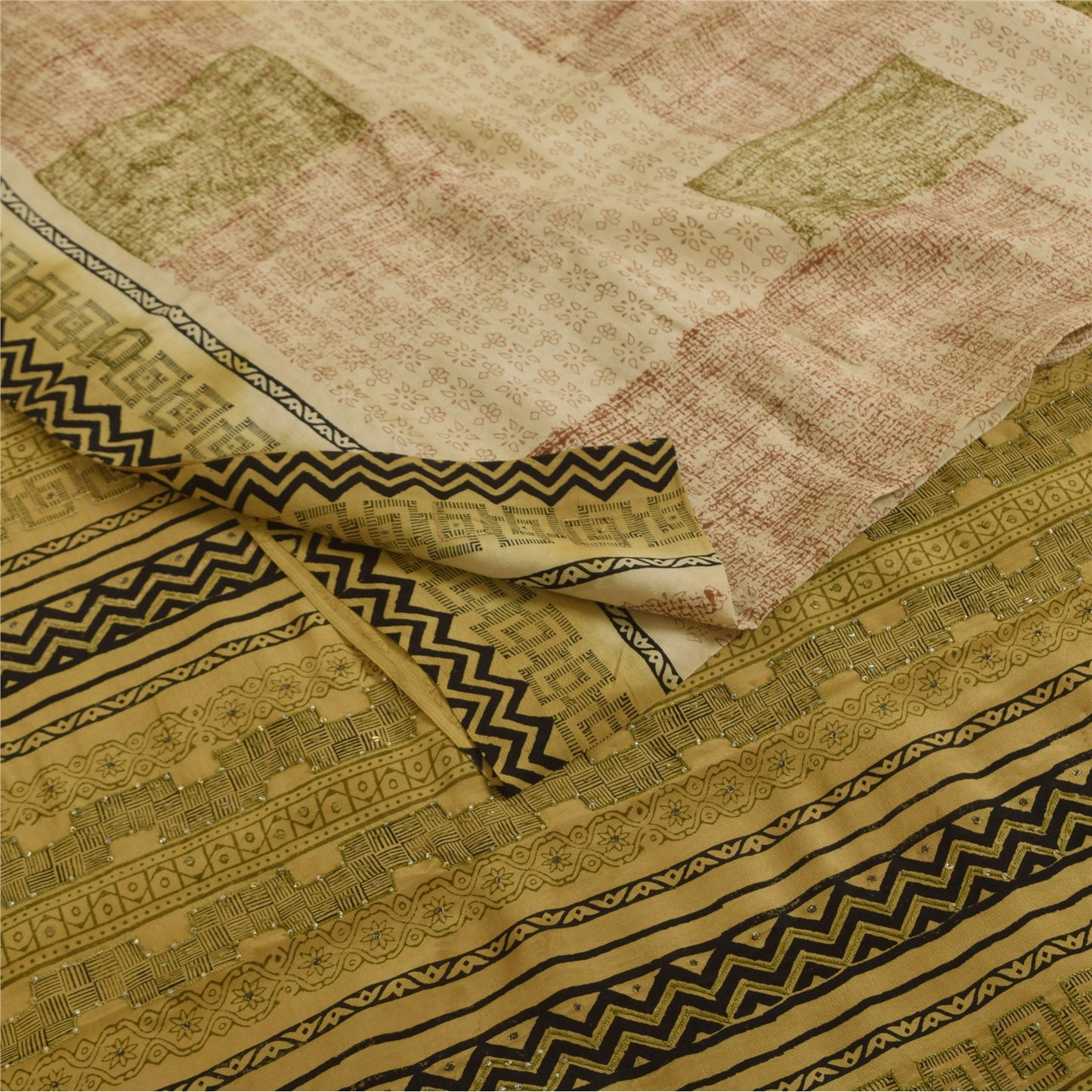 Sanskriti Vintage Saree Cream 100%Pure Crepe Silk Floral Printed Sari 5Yd Fabric