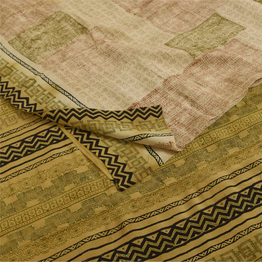 Sanskriti Vintage Saree Cream 100%Pure Crepe Silk Floral Printed Sari 5Yd Fabric