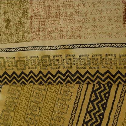 Sanskriti Vintage Saree Cream 100%Pure Crepe Silk Floral Printed Sari 5Yd Fabric