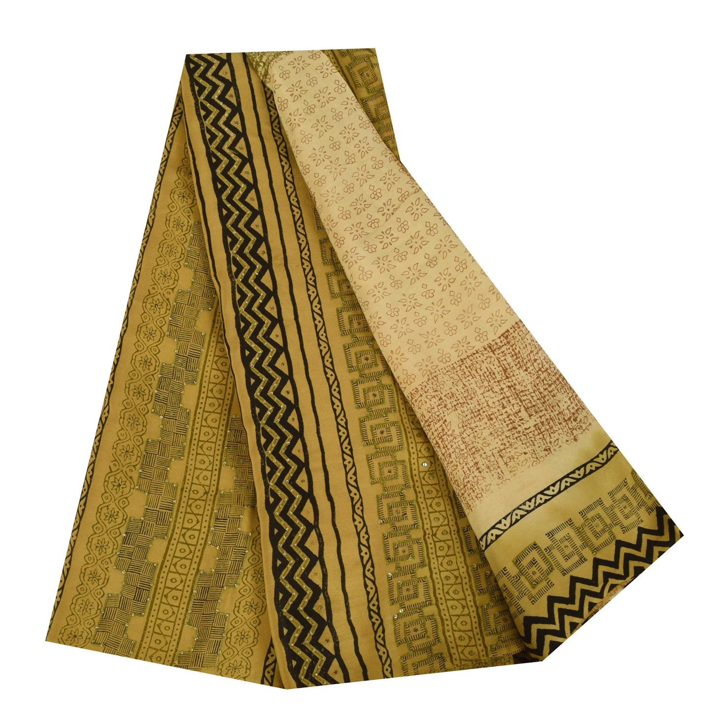 Sanskriti Vintage Saree Cream 100%Pure Crepe Silk Floral Printed Sari 5Yd Fabric