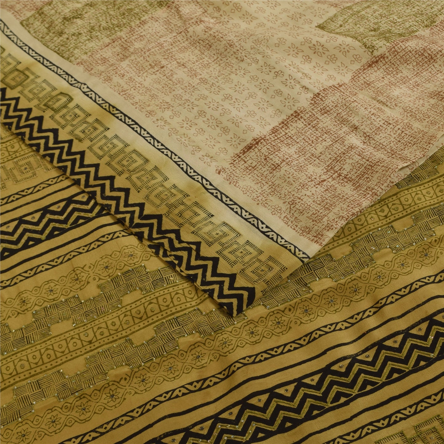 Sanskriti Vintage Saree Cream 100%Pure Crepe Silk Floral Printed Sari 5Yd Fabric