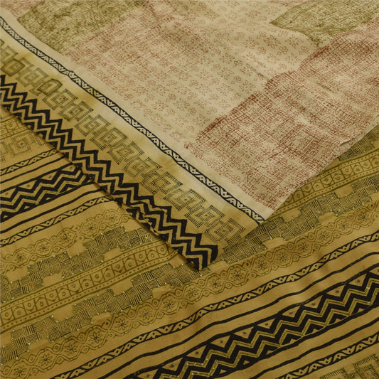 Sanskriti Vintage Saree Cream 100%Pure Crepe Silk Floral Printed Sari 5Yd Fabric