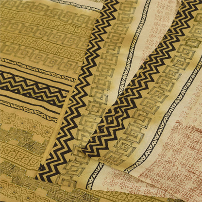 Sanskriti Vintage Saree Cream 100%Pure Crepe Silk Floral Printed Sari 5Yd Fabric