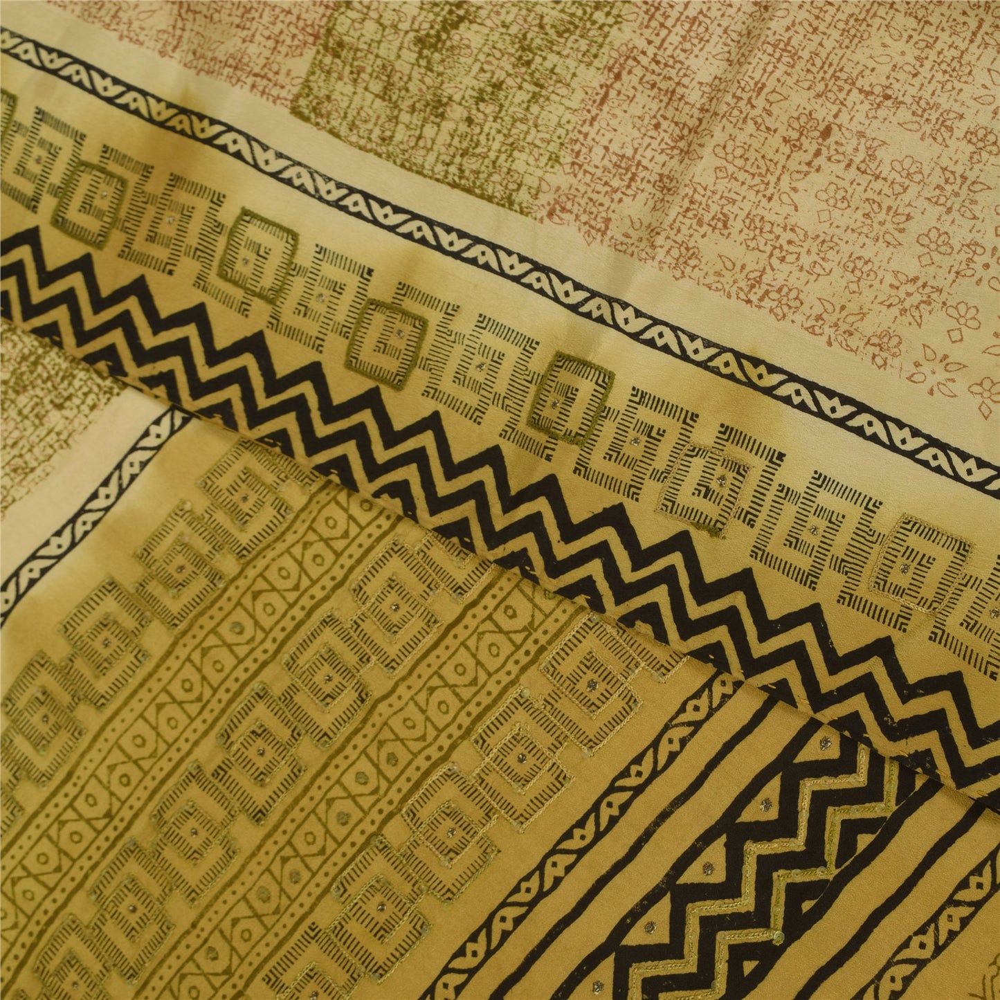 Sanskriti Vintage Saree Cream 100%Pure Crepe Silk Floral Printed Sari 5Yd Fabric