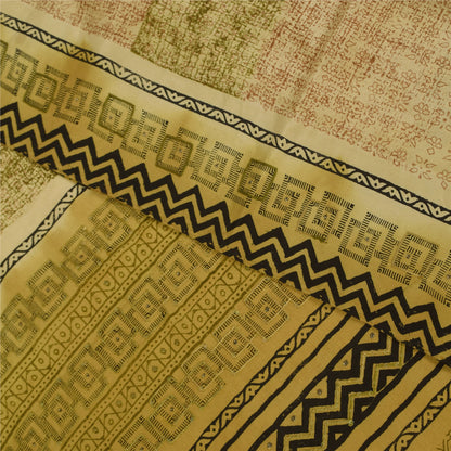 Sanskriti Vintage Saree Cream 100%Pure Crepe Silk Floral Printed Sari 5Yd Fabric