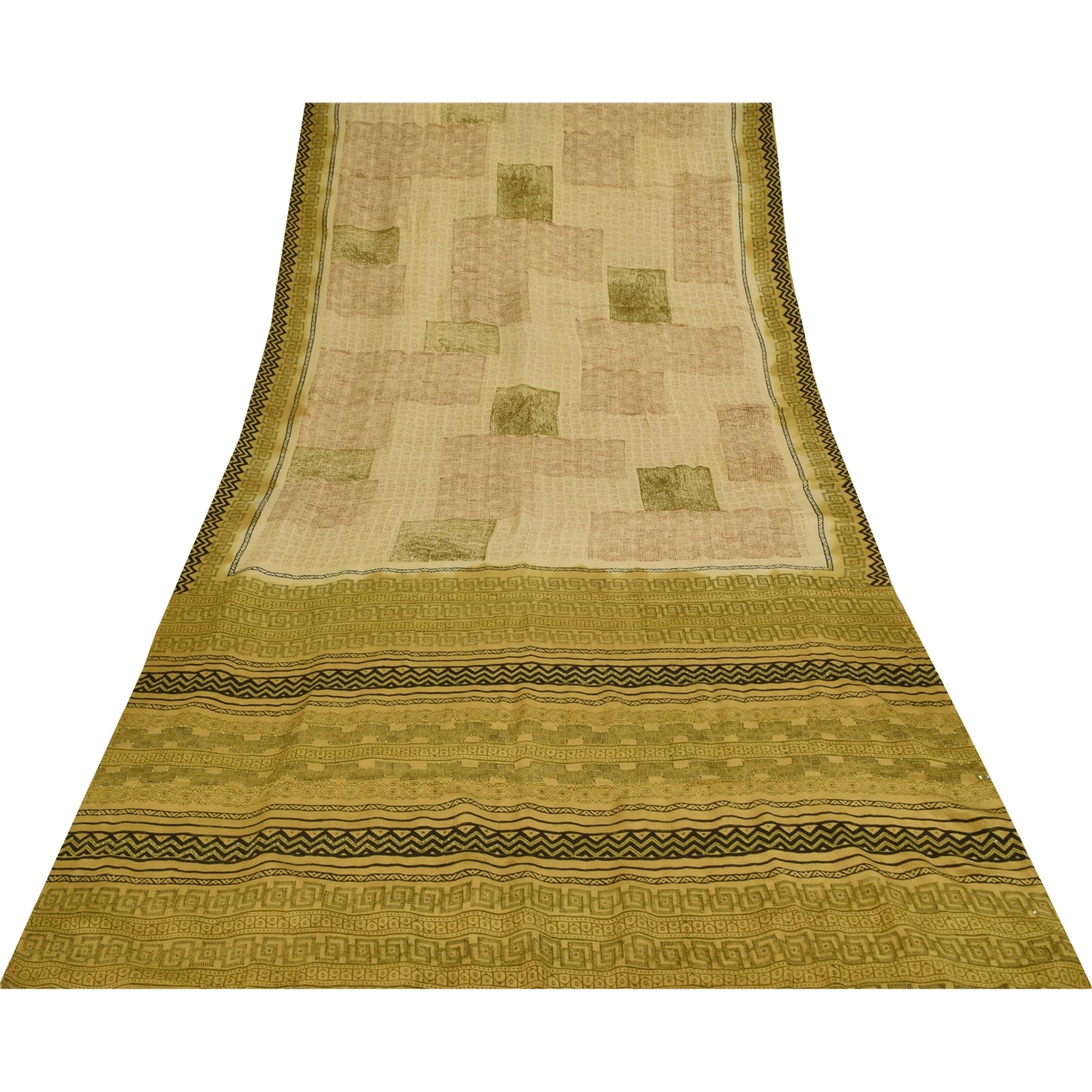 Sanskriti Vintage Saree Cream 100%Pure Crepe Silk Floral Printed Sari 5Yd Fabric