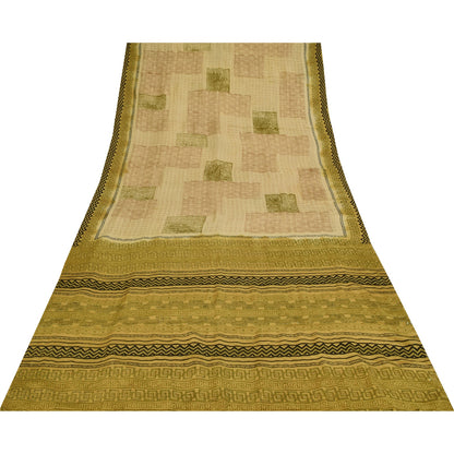 Sanskriti Vintage Saree Cream 100%Pure Crepe Silk Floral Printed Sari 5Yd Fabric