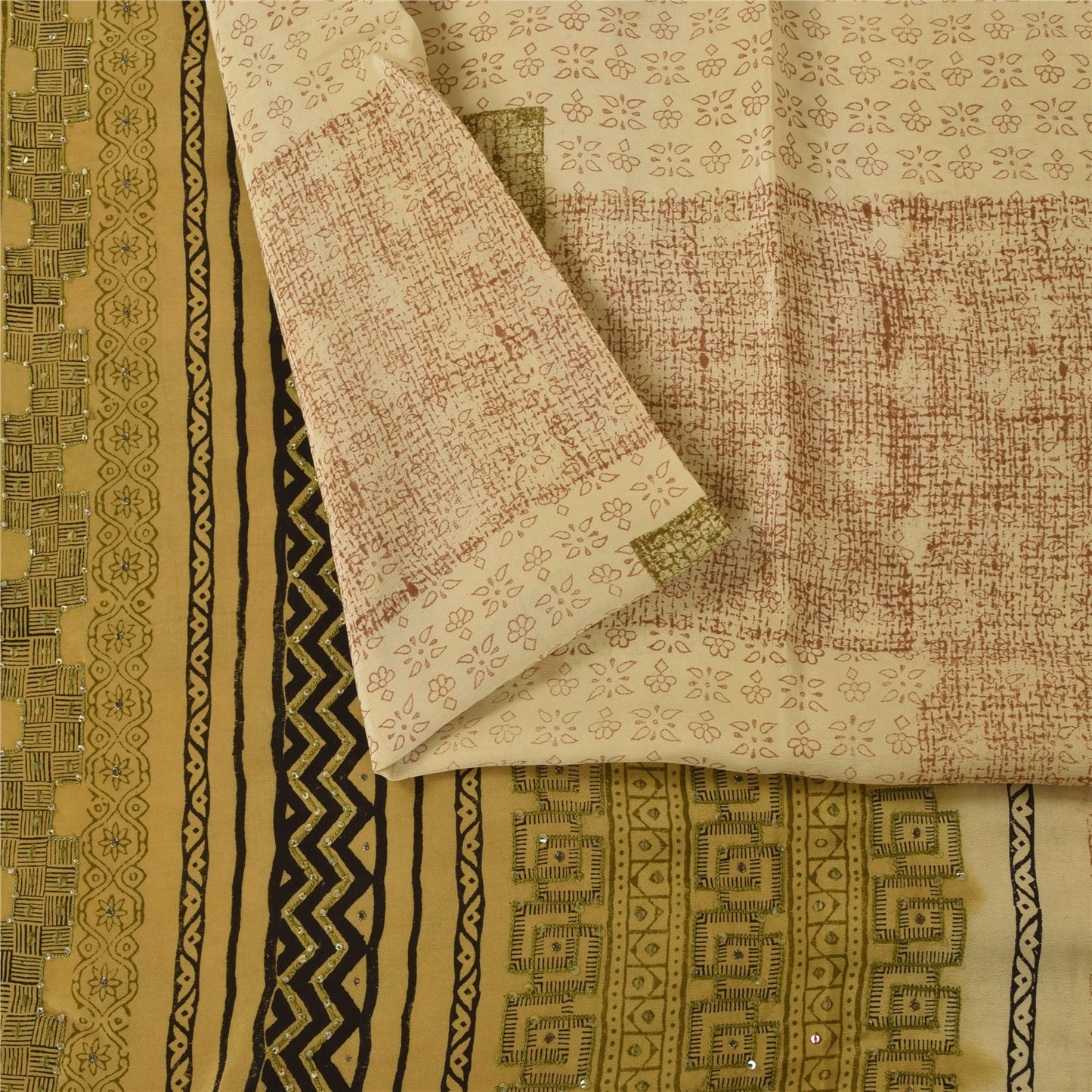 Sanskriti Vintage Saree Cream 100%Pure Crepe Silk Floral Printed Sari 5Yd Fabric