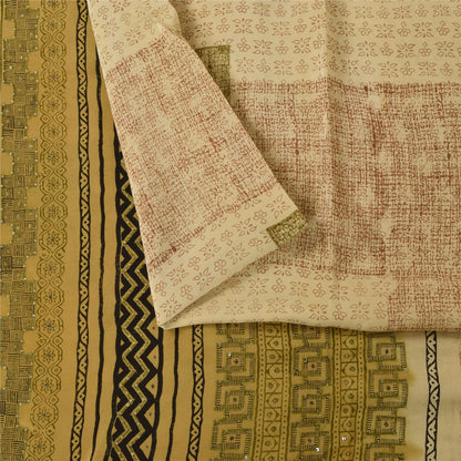Sanskriti Vintage Saree Cream 100%Pure Crepe Silk Floral Printed Sari 5Yd Fabric